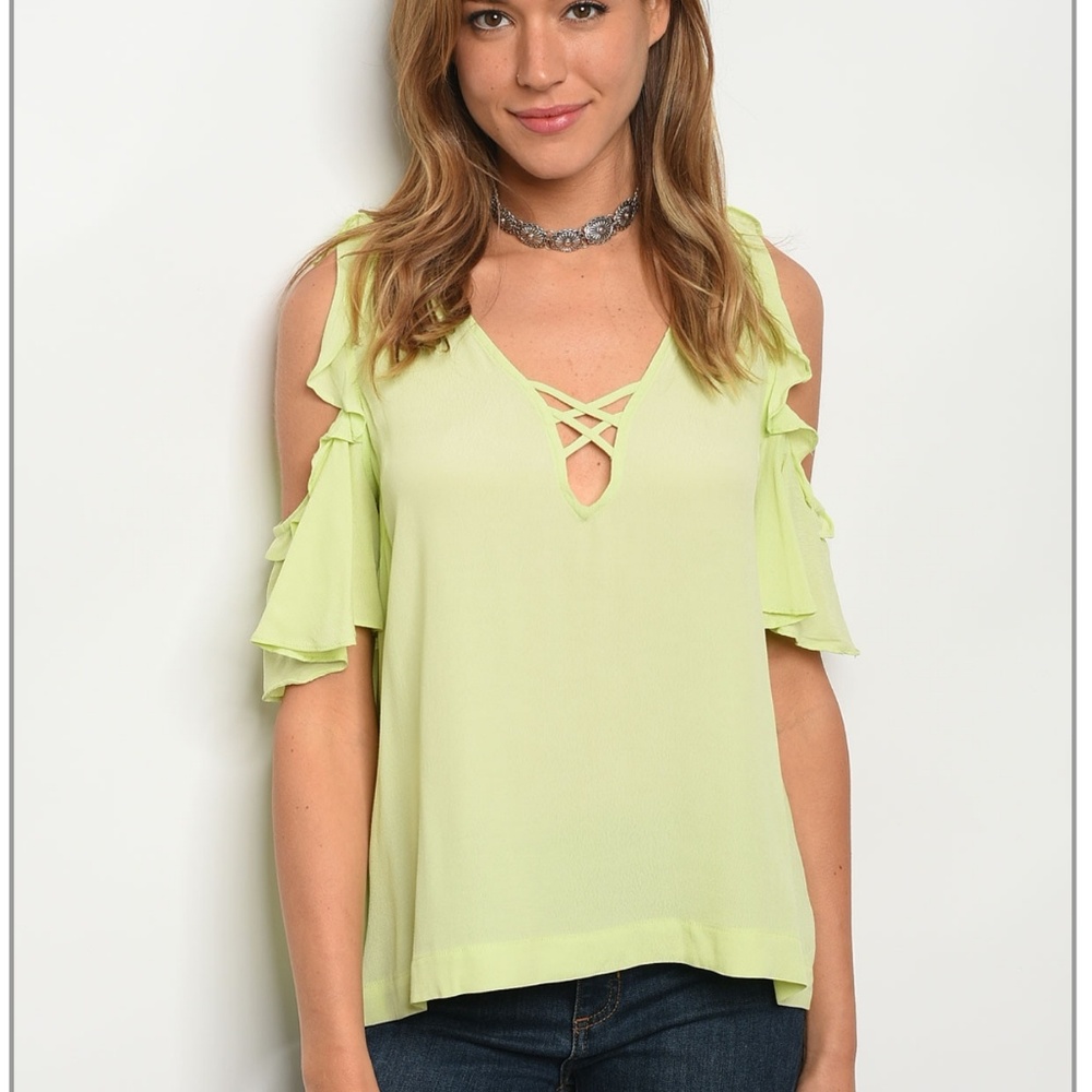 Lime green cold shoulder blouse